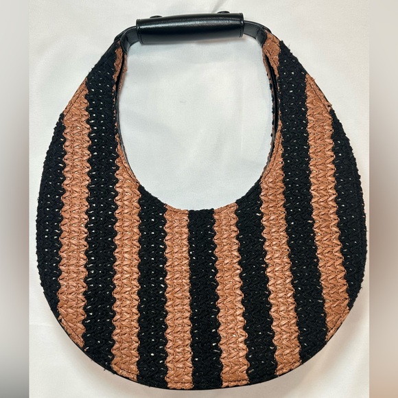 Staud Raffia Moon Tote, Black Leather & Tan Woven Bag - Picture 3 of 12